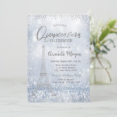 Silver Eiffel Tower Confetti Bokeh Quinceañera Einladung (Stehend Vorderseite)