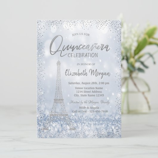 Silver Eiffel Tower Confetti Bokeh Quinceañera Einladung (Stehend Vorderseite)