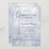 Silver Eiffel Tower Confetti Bokeh Quinceañera Einladung (Vorne/Hinten)