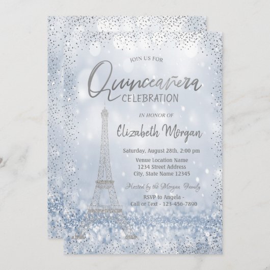 Silver Eiffel Tower Confetti Bokeh Quinceañera Einladung (Vorne/Hinten)