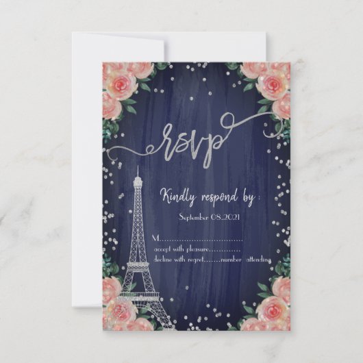 Silver Eiffel Tower Diamonds Floral Navy Blue UAWG Einladung (Vorderseite)