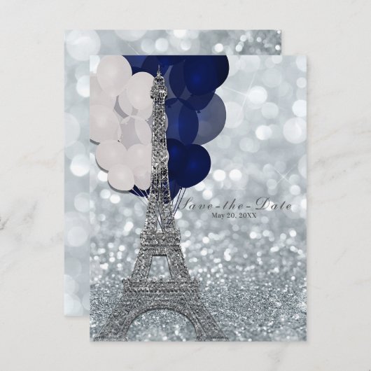Silver Eiffel Tower Navy Balloons Save the Date Ankündigungspostkarte (Vorne/Hinten)