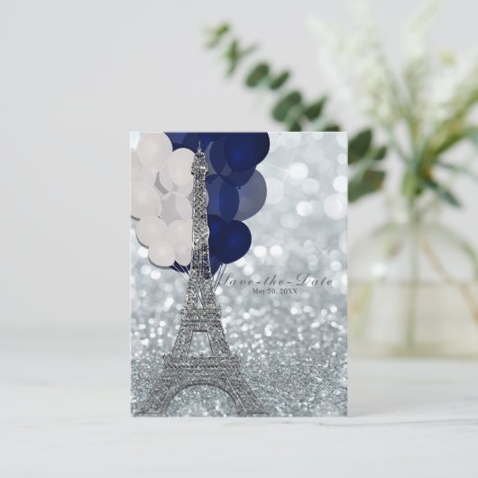 Silver Eiffel Tower Navy Balloons Save the Date Ankündigungspostkarte (Stehend Vorderseite)