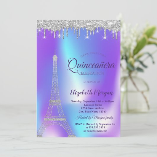 Silver Eiffel Tower, Tropfen Holographic Quinceañe Einladung (Stehend Vorderseite)