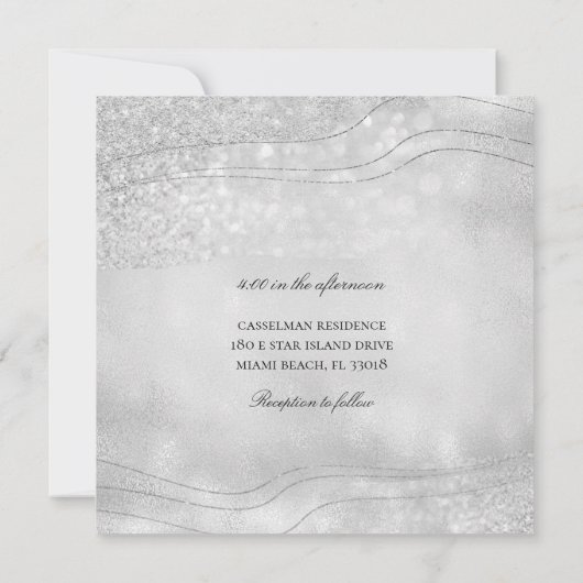 Silver Elegance Sparkling Moderner Platz Hochzeit Einladung (Rückseite)
