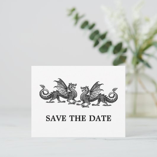 Silver Elegant Dragons Save the Date Postkarte (Stehend Vorderseite)