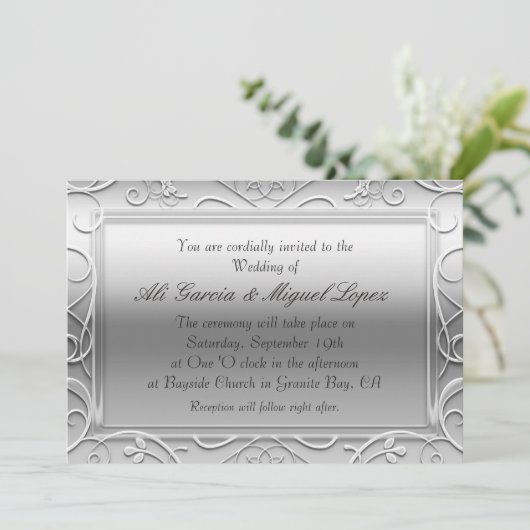 Silver Elegant Glamour Hochzeit Einladungen (Stehend Vorderseite)