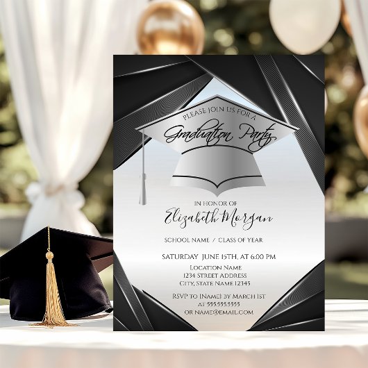 Silver Elegant Grad Cap Abschluss Einladung