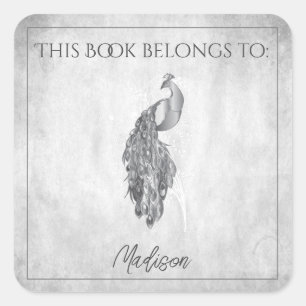 Silver Elegant Pfauenbuchaufkleber Quadratischer Aufkleber