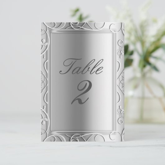 Silver Elegante Glamour Wedding Tischnummer Card (Stehend Vorderseite)