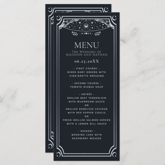 Silver Elegante Tarot Card Gotische Hochzeit Menükarte (Vorne/Hinten)