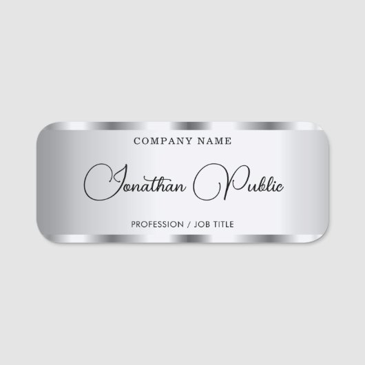 Silver Elegante Typografie Skriptvorlage Namensschild (Vorderseite)