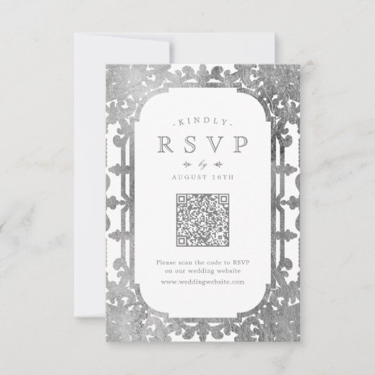 Silver elegante verzierte QR-Code Hochzeit RSVP (Vorderseite)