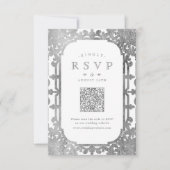 Silver elegante verzierte QR-Code Hochzeit RSVP Karte (Vorderseite)