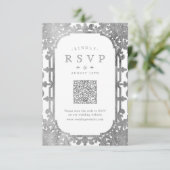 Silver elegante verzierte QR-Code Hochzeit RSVP Karte (Stehend Vorderseite)