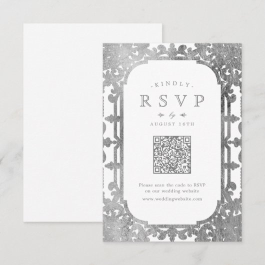 Silver elegante verzierte QR-Code Hochzeit RSVP Karte (Vorne/Hinten)
