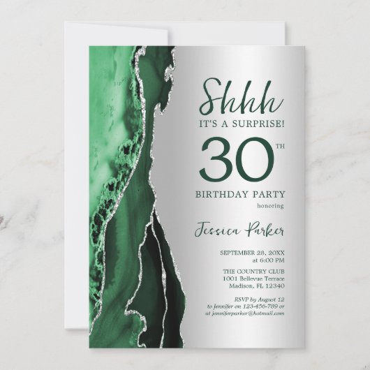 Silver Emerald Green Agate Überraschung 30. Geburt Einladung (Vorderseite)