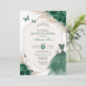 Silver Emerald Green Boho Rose Quinceañera Party Einladung (Stehend Vorderseite)