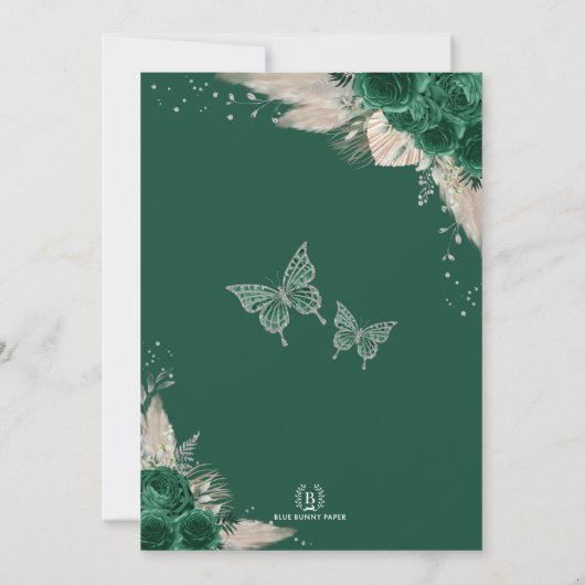 Silver Emerald Green Boho Rose Quinceañera Party Einladung (Rückseite)