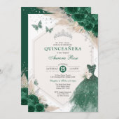 Silver Emerald Green Boho Rose Quinceañera Party Einladung (Vorne/Hinten)