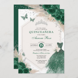 Silver Emerald Green Boho Rose Quinceañera Party Einladung