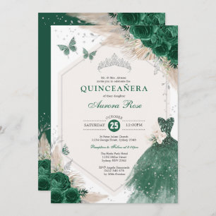 Silver Emerald Green Boho Rose Quinceañera Party Einladung
