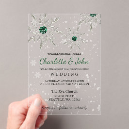 Silver Emerald Green Schneeflocken Winter Wedding Acryleinladungen