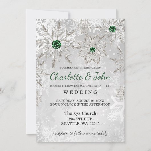 Silver Emerald Green Schneeflocken Winter Wedding Einladung (Vorderseite)