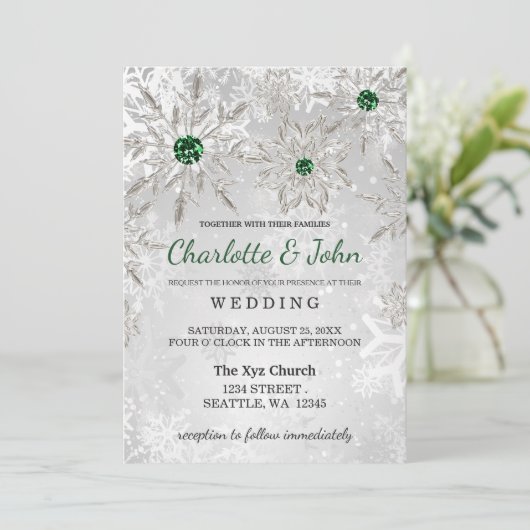 Silver Emerald Green Schneeflocken Winter Wedding Einladung (Stehend Vorderseite)
