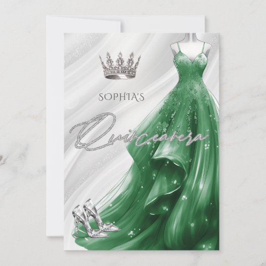 Silver Emerald Green Sparkle Dress Quinceañera Einladung (Vorderseite)