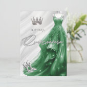 Silver Emerald Green Sparkle Dress Quinceañera Einladung (Stehend Vorderseite)