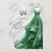 Silver Emerald Green Sparkle Dress Quinceañera Einladung (Vorne/Hinten)