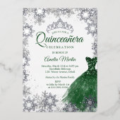 Silver Emerald Winter Snowflake Quinceanera Folieneinladung (Vorderseite)