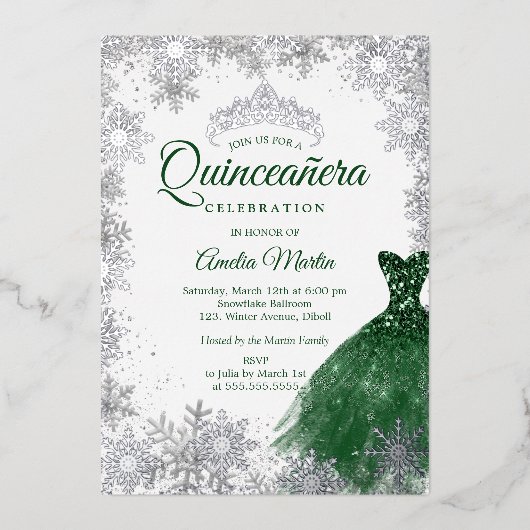 Silver Emerald Winter Snowflake Quinceanera Folieneinladung (Vorderseite)