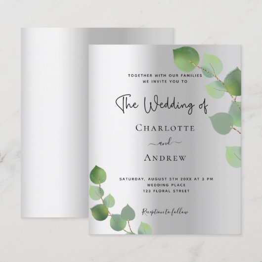 Silver eucalyptus Budget Hochzeitseinladung (Vorne/Hinten)