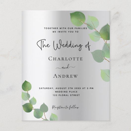 Silver eucalyptus Budget Hochzeitseinladung Flyer (Vorne)