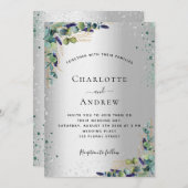 Silver eucalyptus green sparke luxuriöse Hochzeit Einladung (Vorne/Hinten)
