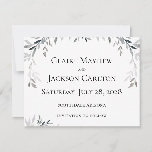 Silver Eukalyptus Greenerity Wedding 2 Save the Da Einladung (Rückseite)