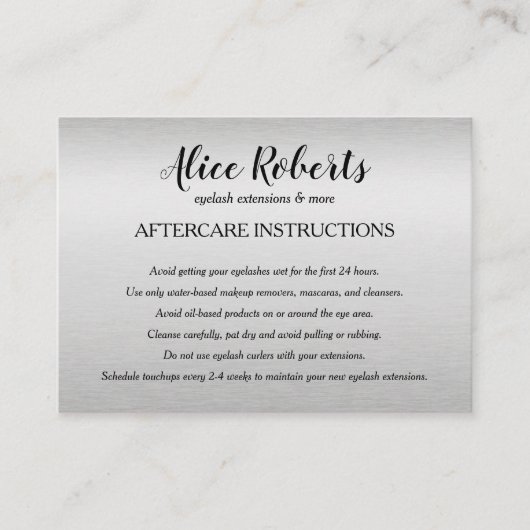 Silver Eyelashes Brow Bar Aftercare Instruktionen Visitenkarte (Vorderseite)