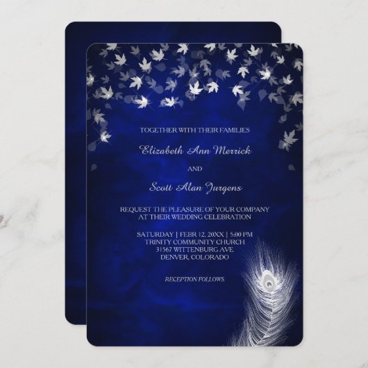 Silver Falling Leaf and Feather Wedding Einladung (Vorne/Hinten)