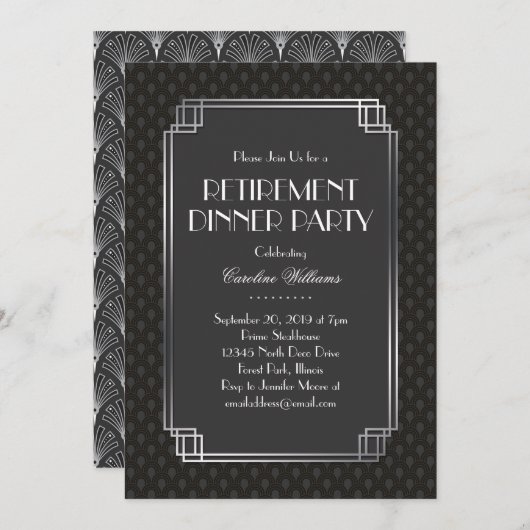 Silver Fans Art Deco Retirement Party Einladung (Vorne/Hinten)