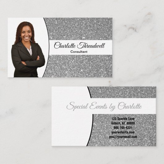 Silver Faux Glitter Replaceable Professional Photo Visitenkarte (Vorne/Hinten)