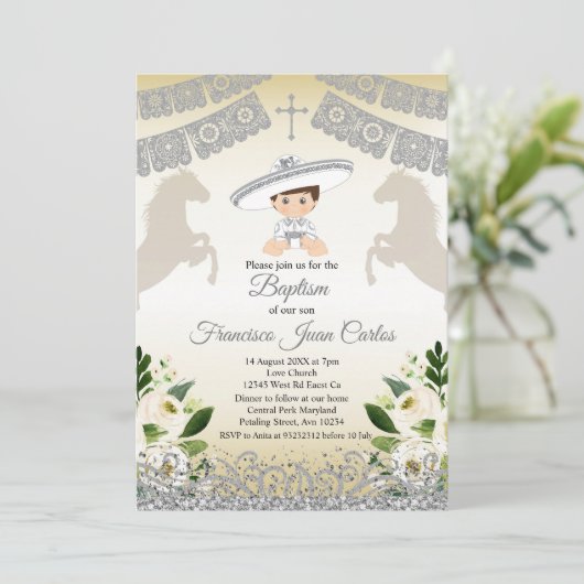 Silver Fiesta Boy Taufe Einladung (Stehend Vorderseite)