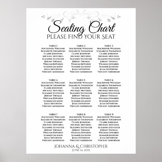 Silver Filigree 9 Tabelle Hochzeitskarte Poster (Vorne)