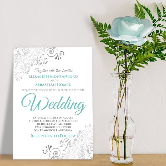 Silver Filigree Aqua und White Elegante Wedding Einladung