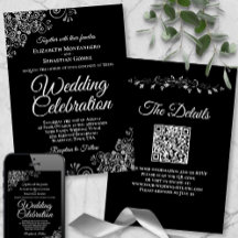 Silver Filigree auf Black Elegant QR Code Wedding