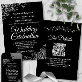 Silver Filigree auf Black Elegant QR Code Wedding Einladung