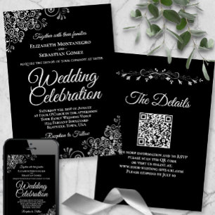 Silver Filigree auf Black Elegant QR Code Wedding Einladung