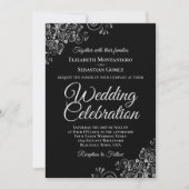 Silver Filigree auf Black Elegant QR Code Wedding Einladung (Vorderseite)