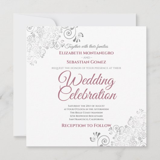 Silver Filigree Dusty Rose & White Square Wedding Einladung (Vorderseite)
